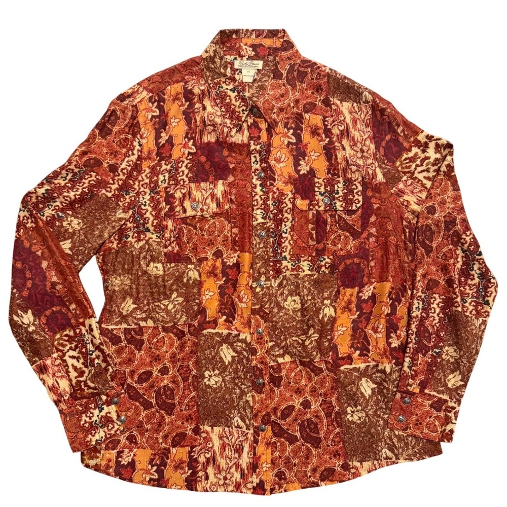 NWOT LUCKY BRAND Live In Love Top Women's XL Rust Print 100% Silk Button Shirt - Picture 2 of 11